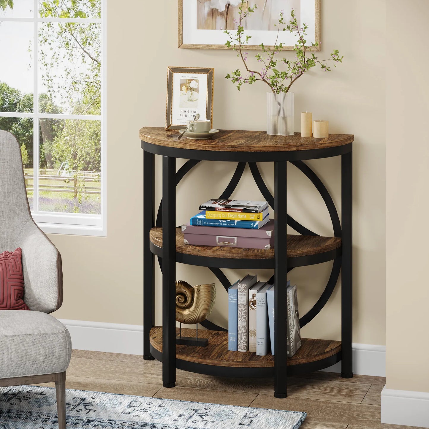 MonoWood Half Round End Table for Living Room, 3-Tier Half Side Table with Metal Frame, Industrial Table with Storage