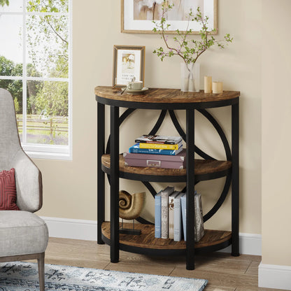 MonoWood Half Round End Table for Living Room, 3-Tier Half Side Table with Metal Frame, Industrial Table with Storage