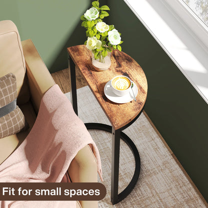 MonoWood End Table Semi Circle, Small Half Round Side Table with Metal Frame, Wood Accent Table Slim C Table