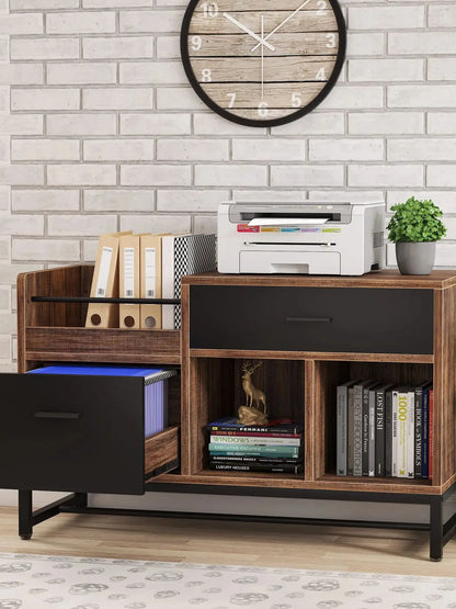 MonoWood Rustic Brown 39 inch File Cabinet with 2 Drawers, Lateral Filing Cabinets, Printer Stand with Open Storage Shelves