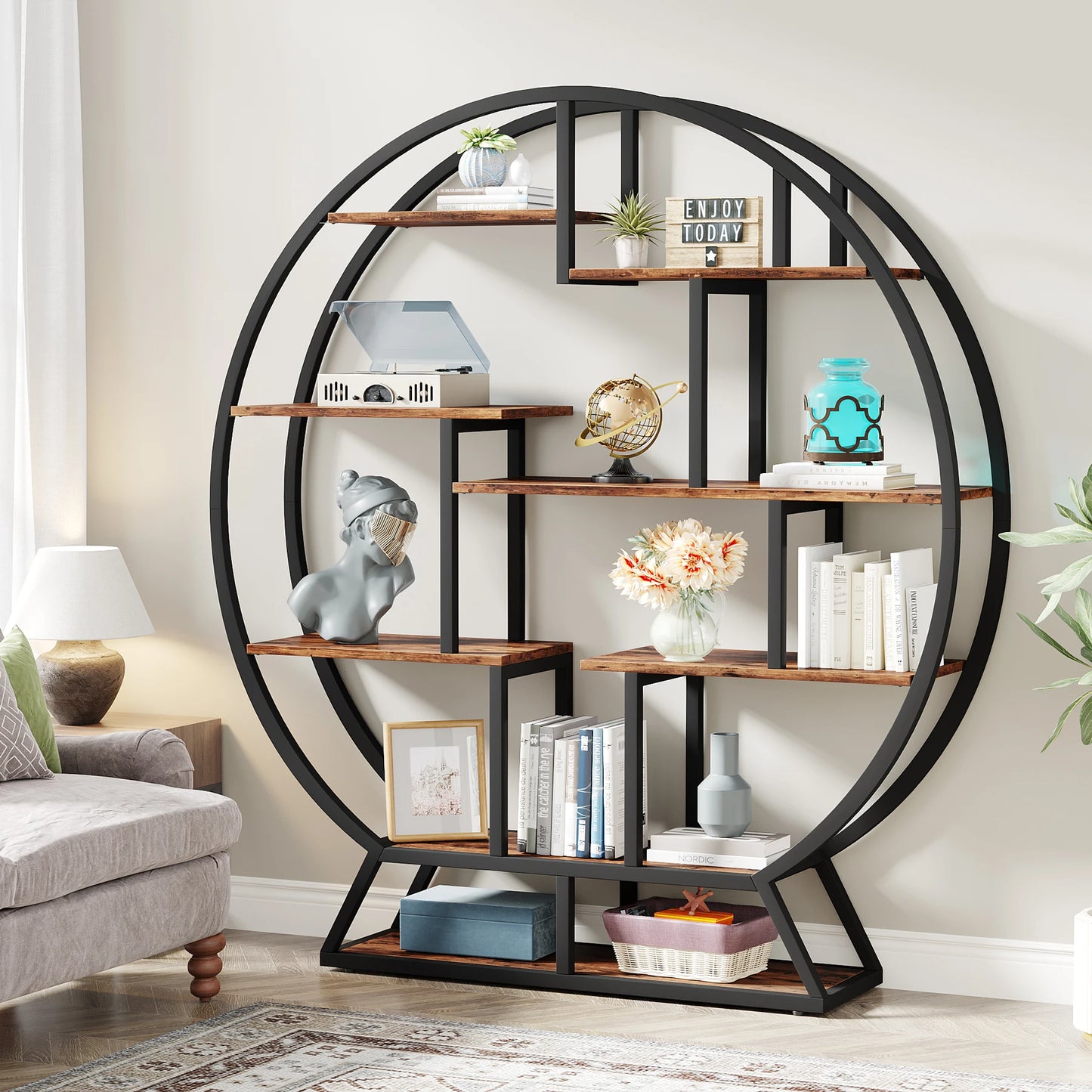 MonoWood Bookshelf, Round Bookshelves Etagere Bookcase, 63-Inch Industrial Wood Book Shelf with Staggered Shelves