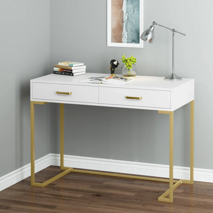 MonoWood Vanity Desk with 2 Drawers,White and Gold Small Makeup Vanity,Modern Vanity Table Dressing Desk for Women Girls Gift
