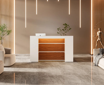 MonoWood Reception Desk with LED Lights, 63 Inches Front Counter Desk for Checkout, Lobby, Salon, Retail, Large Counter Table