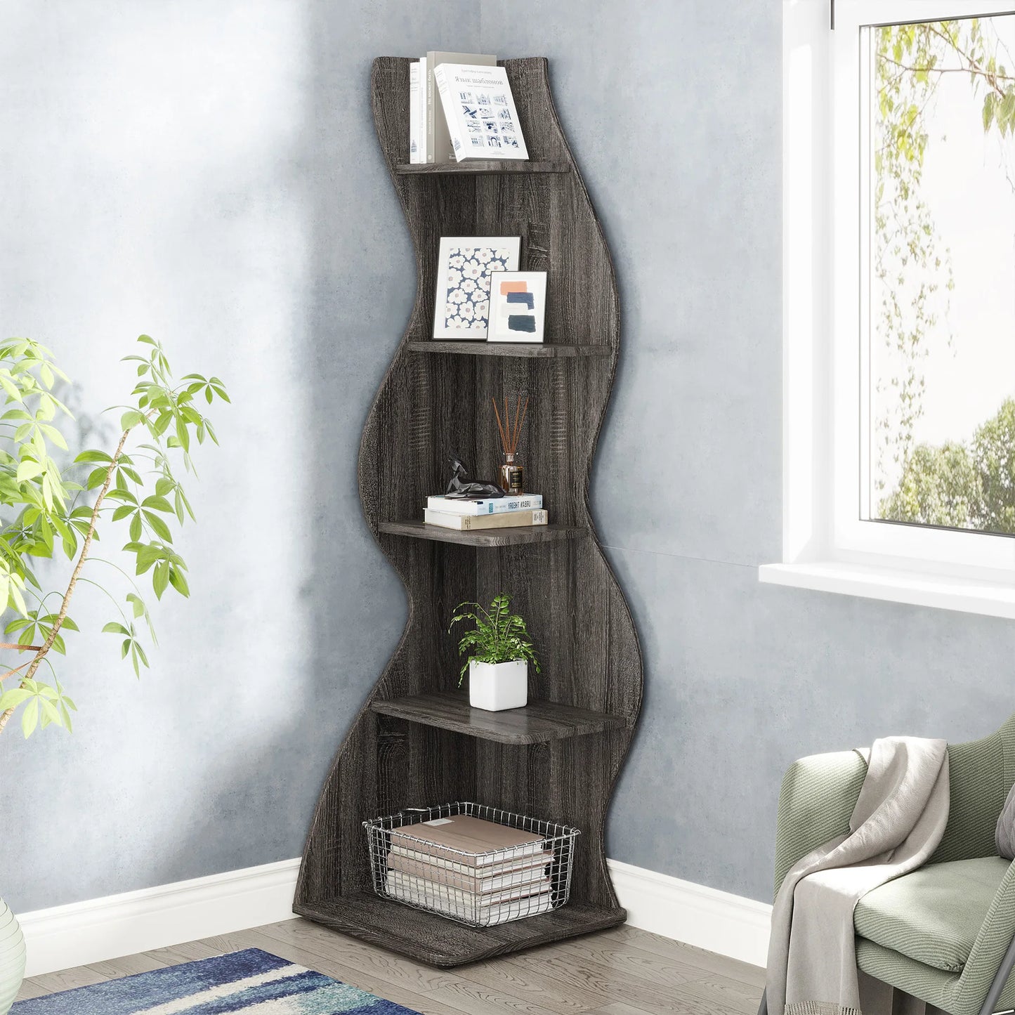 MonoWood Corner Shelf, Modern 5-Tier Wall Corner Bookshelf, Stylish Corner Small Bookcase Storage Rack Plant Stand
