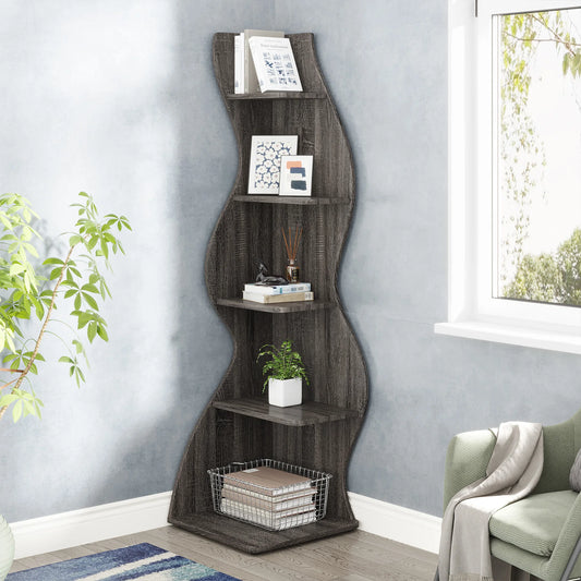 MonoWood Corner Shelf, Modern 5-Tier Wall Corner Bookshelf, Stylish Corner Small Bookcase Storage Rack Plant Stand