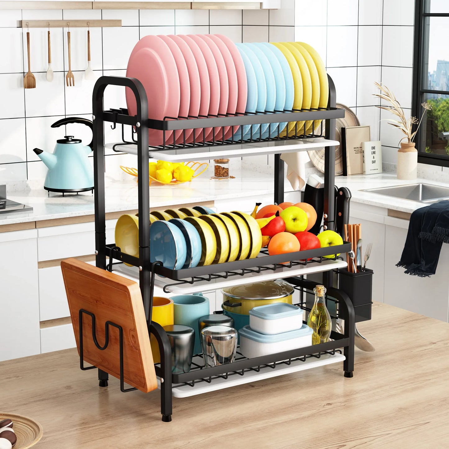 Drying Rack, Metal 3-Tier Large Capacity Dish Rack with Utensil Holder, Cutting Board Holder, Drain Board Tray for Kitchen