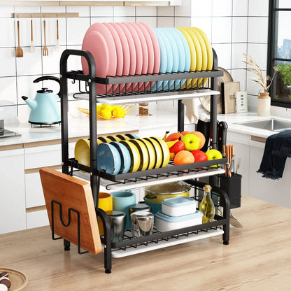 Drying Rack, Metal 3-Tier Large Capacity Dish Rack with Utensil Holder, Cutting Board Holder, Drain Board Tray for Kitchen