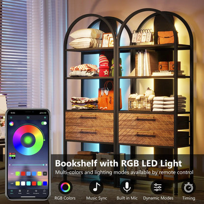 MonoWood 4-Tier Bookshelf with 2 Drawers, Industrial Open Book Shelf Arched Bookcase, 70.8" Tall Storage Shelves Display Rack