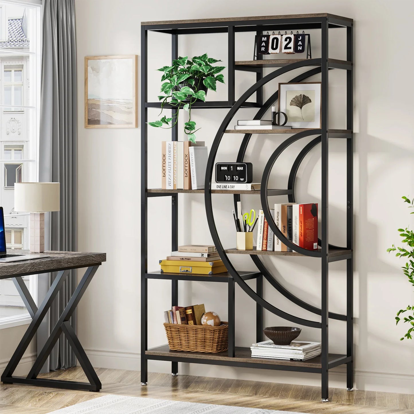 MonoWood 71 inches Geometric Bookcase, 8-Tiers Bookshelves, Rustic Bookcase with Metal Frame, Freestanding Open Shelving