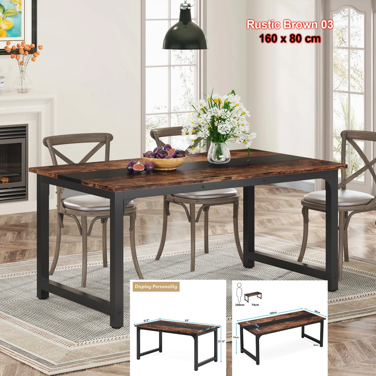 MonoWood Dining Table, Industrial Kitchen Table for 6-8 Person, Rectangular Dinner Table for Dining Room