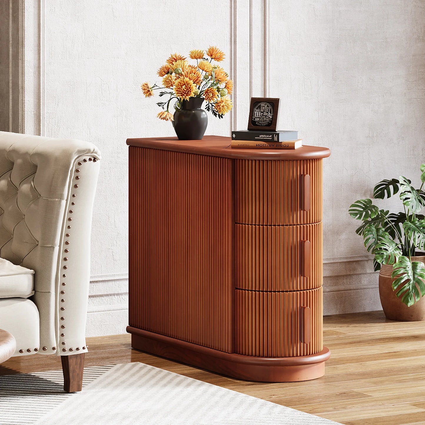 MonoWood Solid Wood End Table, 3-Drawer Modern Sofa Side Table, No Assembly Required, Narrow Chair Side Table Slim Nightstand