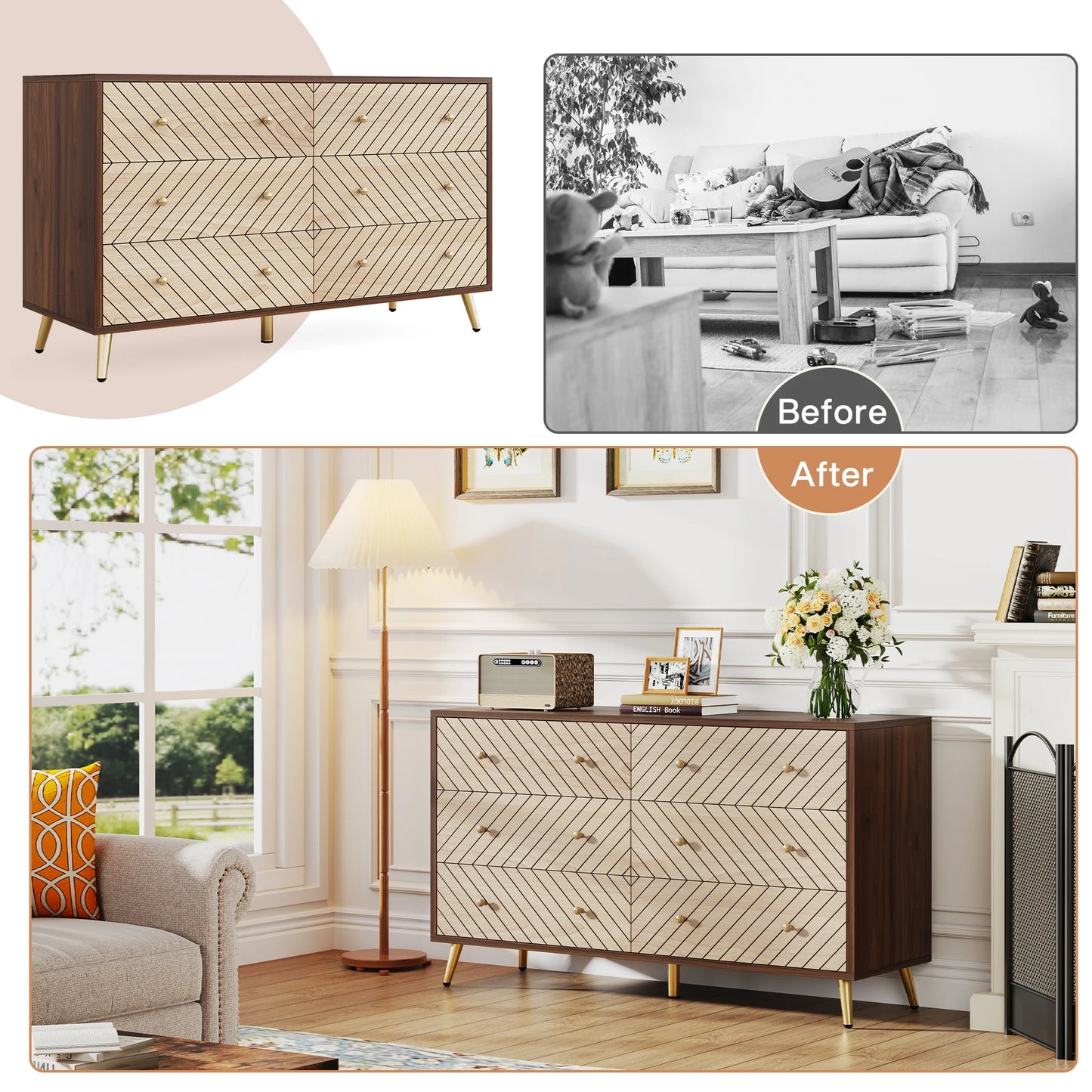 MonoWood Wooden Drawer Organizer Cabinet Unit with Solid Wood Legs, Wide Storage Tower with 6 Drawers for Living Room