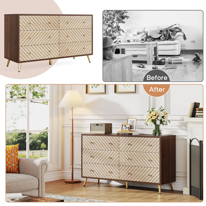 MonoWood Wooden Drawer Organizer Cabinet Unit with Solid Wood Legs, Wide Storage Tower with 6 Drawers for Living Room