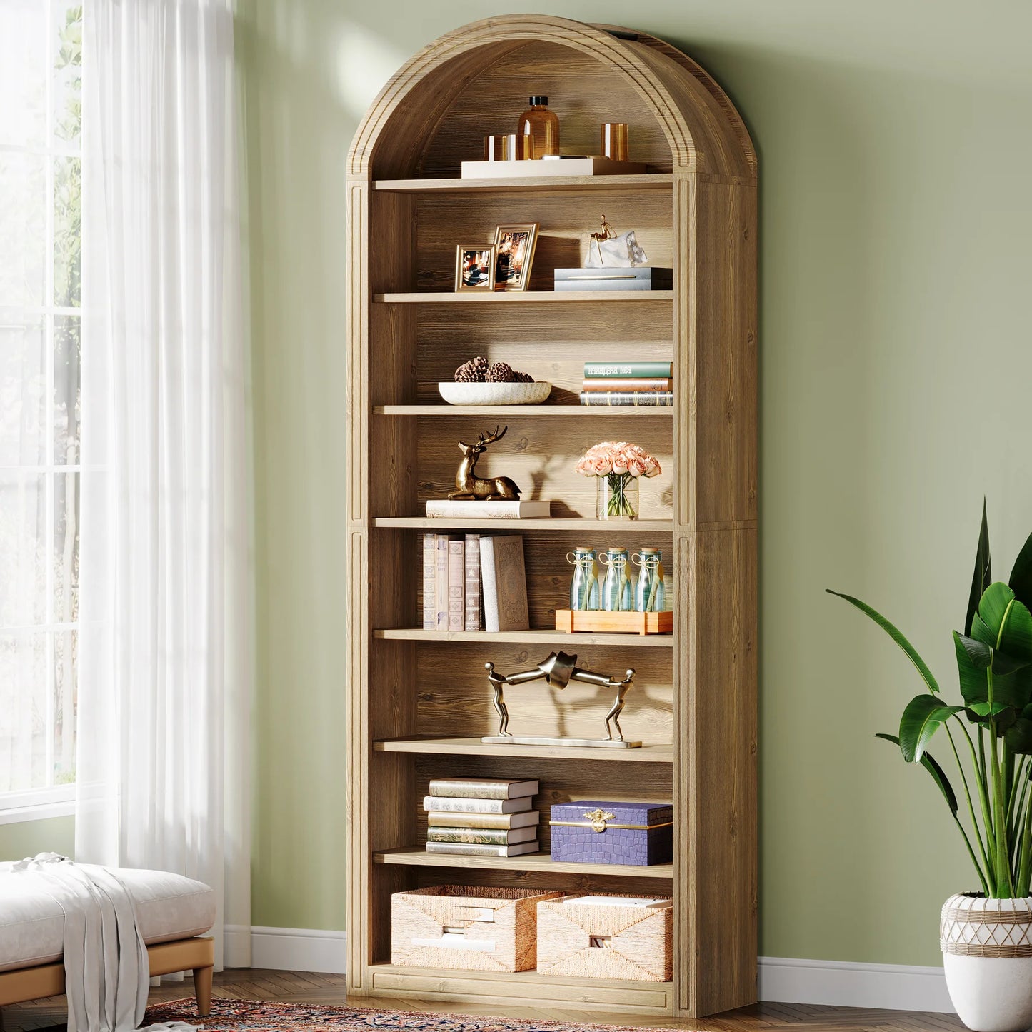 MonoWood 78.7" Tall Bookshelf, Modern White Arched Bookcase with Storage Shelves, 8-Tier Floor Standing Open Display Shelving