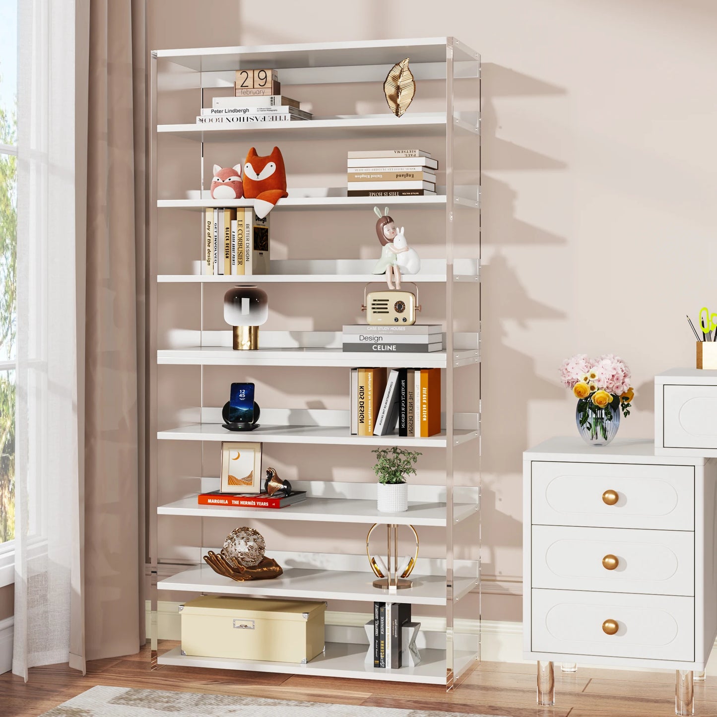 MonoWood 8-Tier Acrylic Bookshelf, Modern Bookcase with Wood Shelves, 63" Display Storage Rack for Living Room, Bedroom