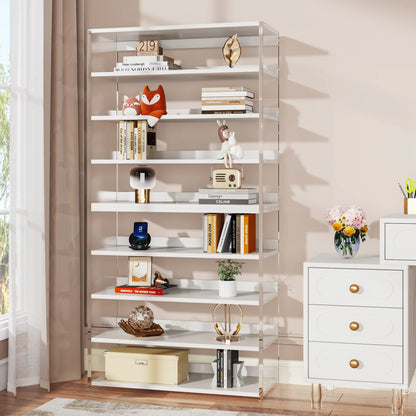 MonoWood 8-Tier Acrylic Bookshelf, Modern Bookcase with Wood Shelves, 63" Display Storage Rack for Living Room, Bedroom