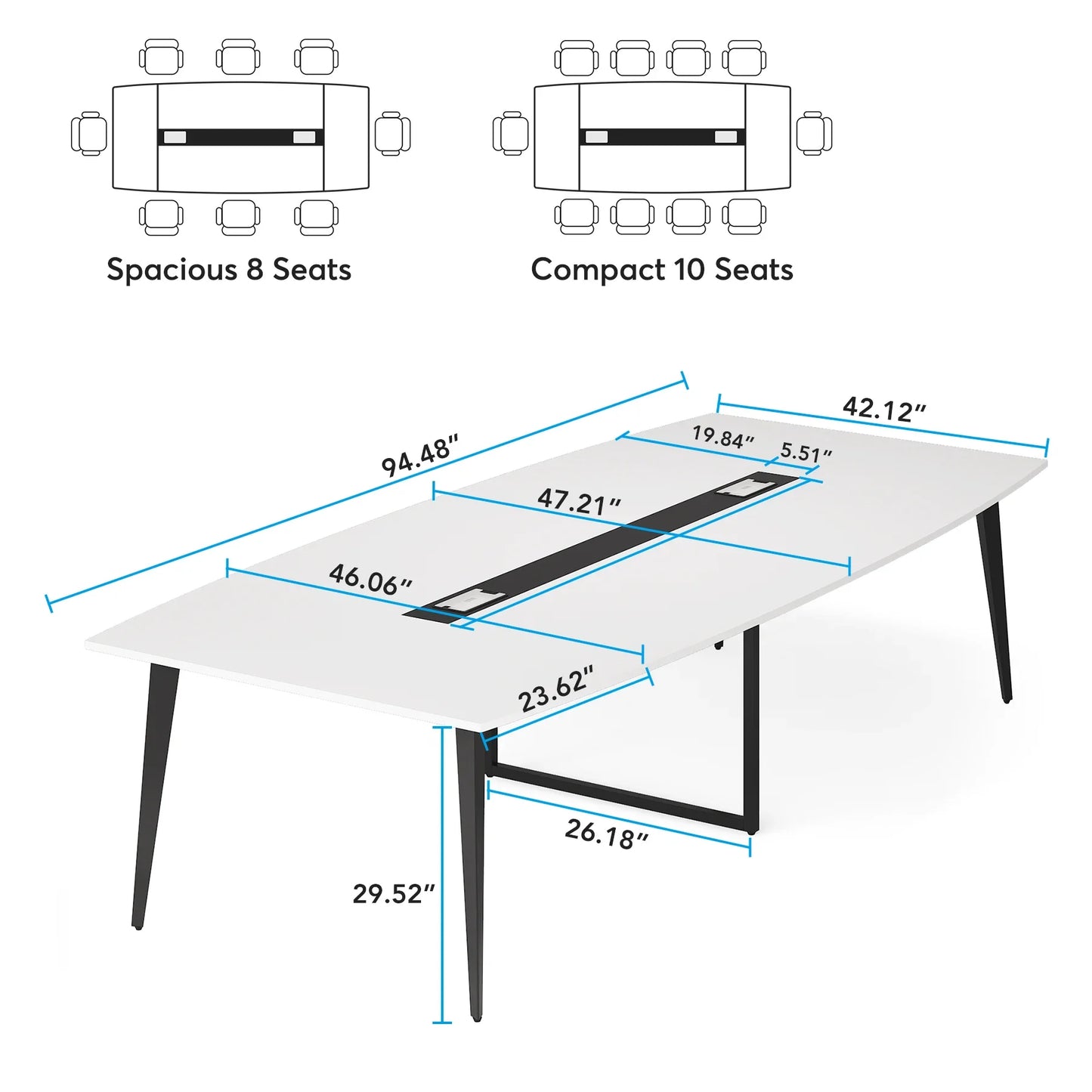 MonoWood 8FT Conference Table, 94.48L x 47.24W x 29.52H Inches Large Boat Shaped Meeting Seminar Table with Cable Grommets