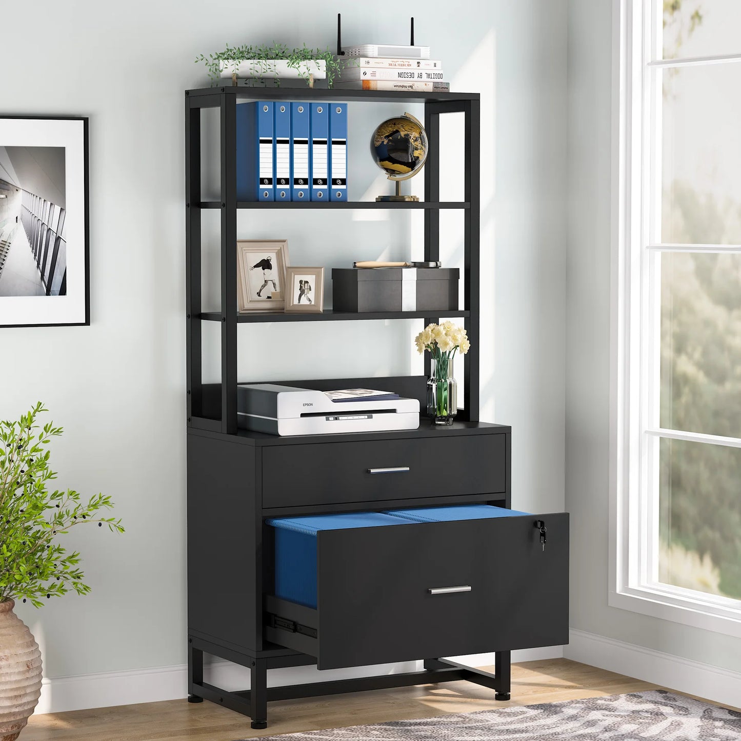 MonoWood 2 Drawer Vertical File Cabinet with Lock & Bookshelf Large Modern Filing Cabinet Printer Stand