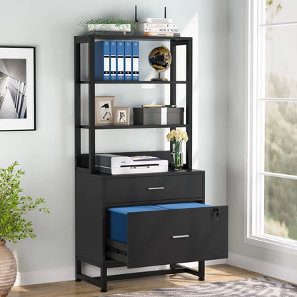 MonoWood 2 Drawer Vertical File Cabinet with Lock & Bookshelf Large Modern Filing Cabinet Printer Stand