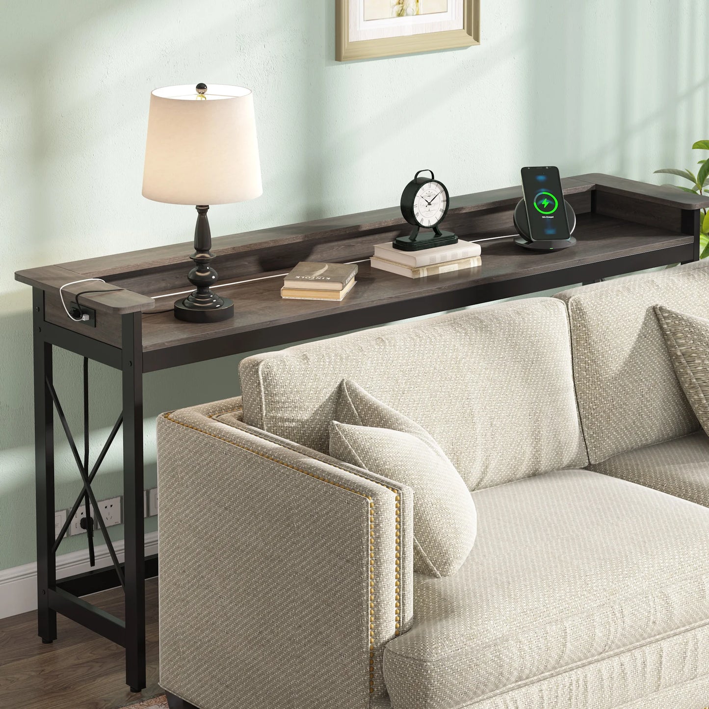 MonoWood Sofa Table with Outlets and USB Ports, 70.9 inch Extra Long Console Table Behind Couch with Charging Station