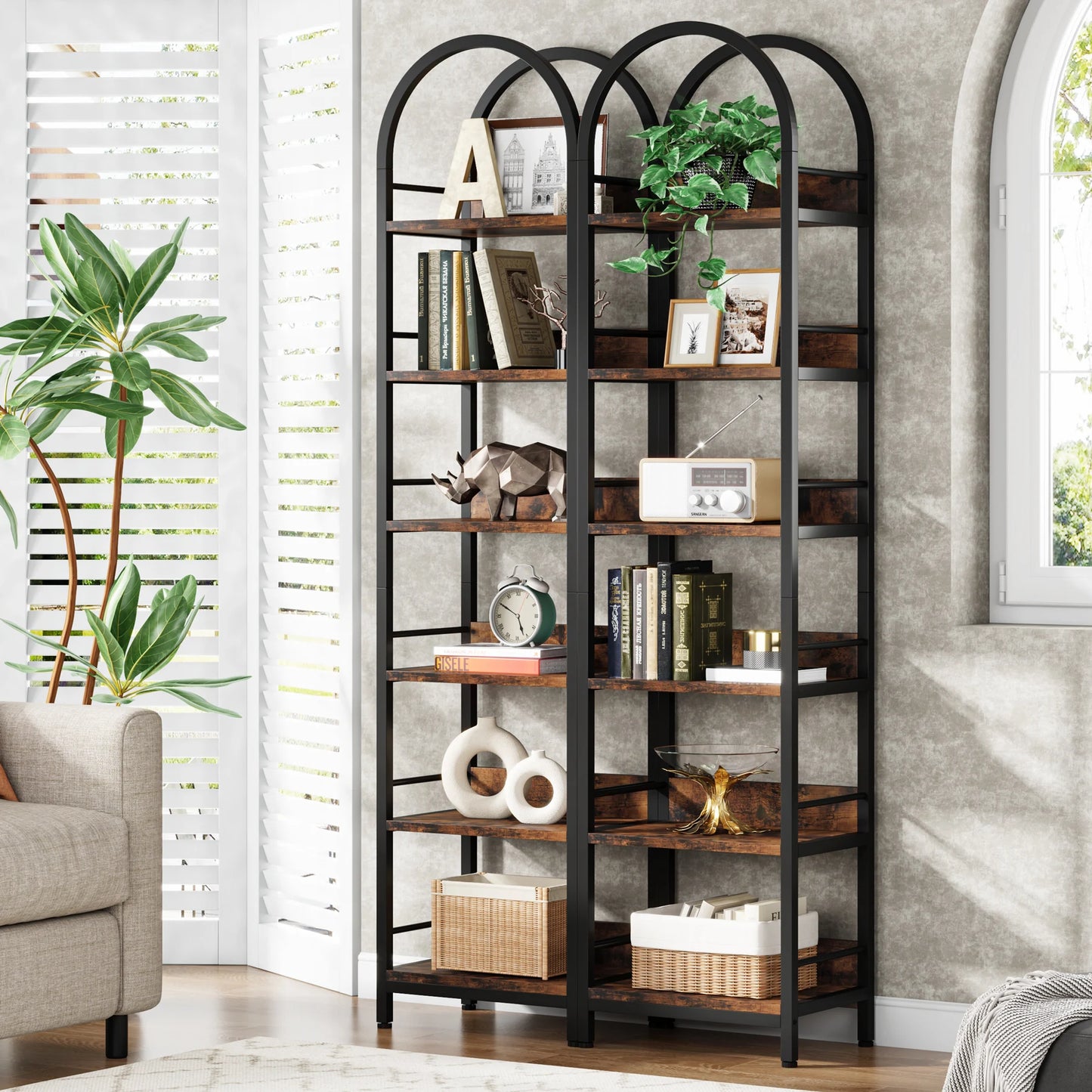 MonoWood 6-Tier Open Bookshelf, 78.7" Tall Arched Bookcase Narrow Bookshelf, Freestanding Corner Bookcase Display Shelves