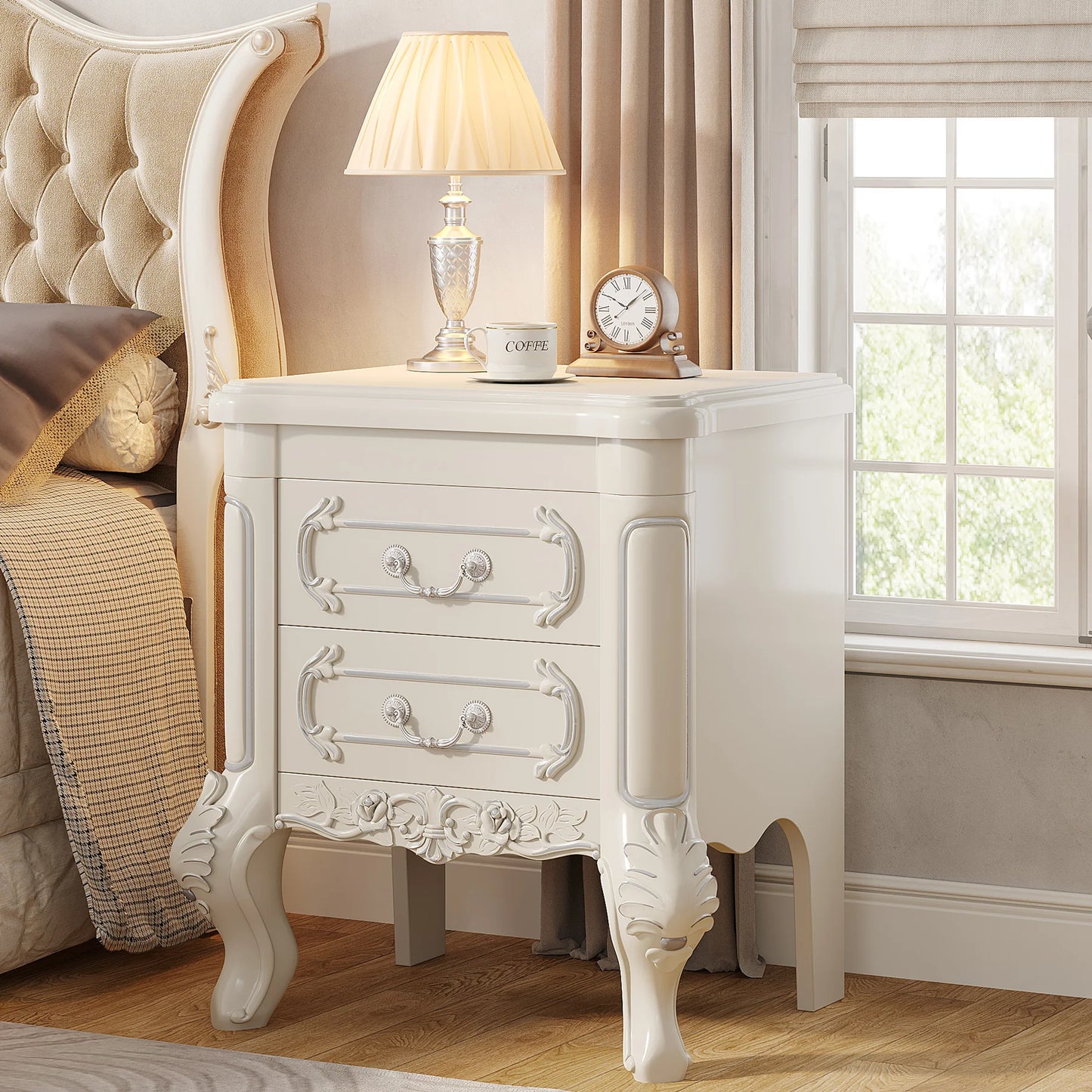 MonoWood White Nightstand, End Table with 2 Drawers, Carved Bedside Tables, Side Table for Bedroom, Living Room
