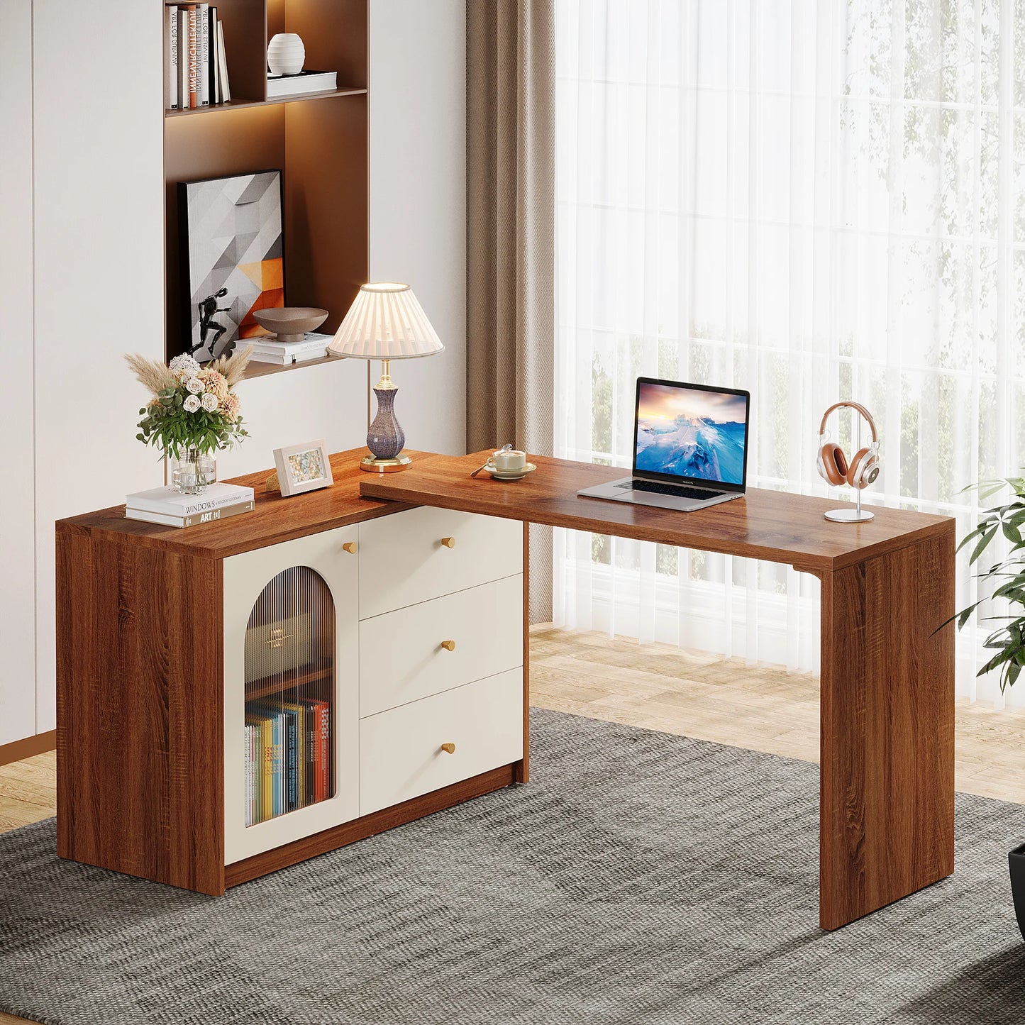 MonoWood L Shaped Computer Desk with Drawers, Modern Corner Home Office Desk with Reversible Storage Cabinet, Long Study Desk