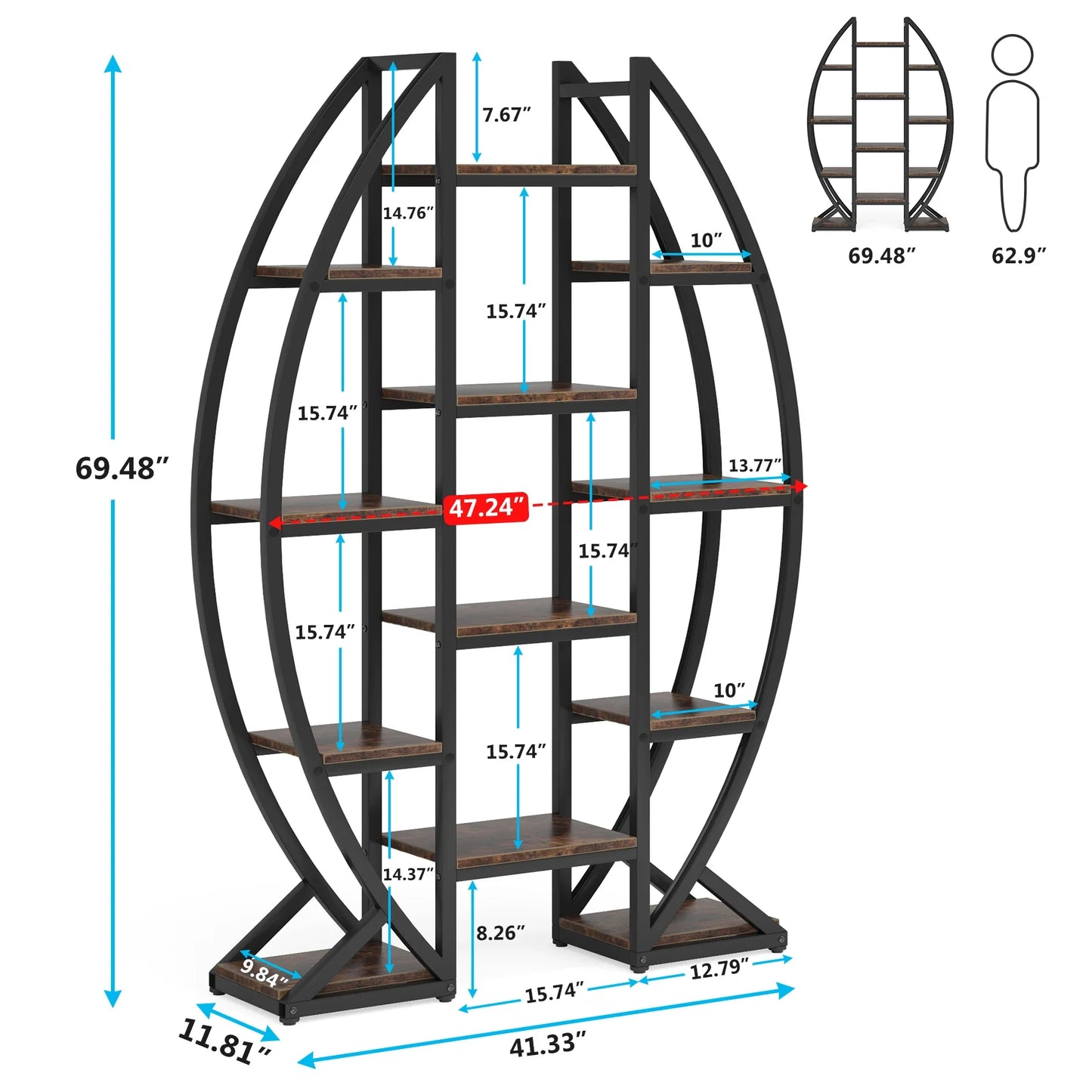 MonoWood Oval Bookshelf, Triple Wide 5 Tier Etagere Bookcase, Industrial Display Shelves for Living Room (Brown, 55")