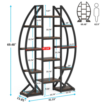 MonoWood Oval Bookshelf, Triple Wide 5 Tier Etagere Bookcase, Industrial Display Shelves for Living Room (Brown, 55")