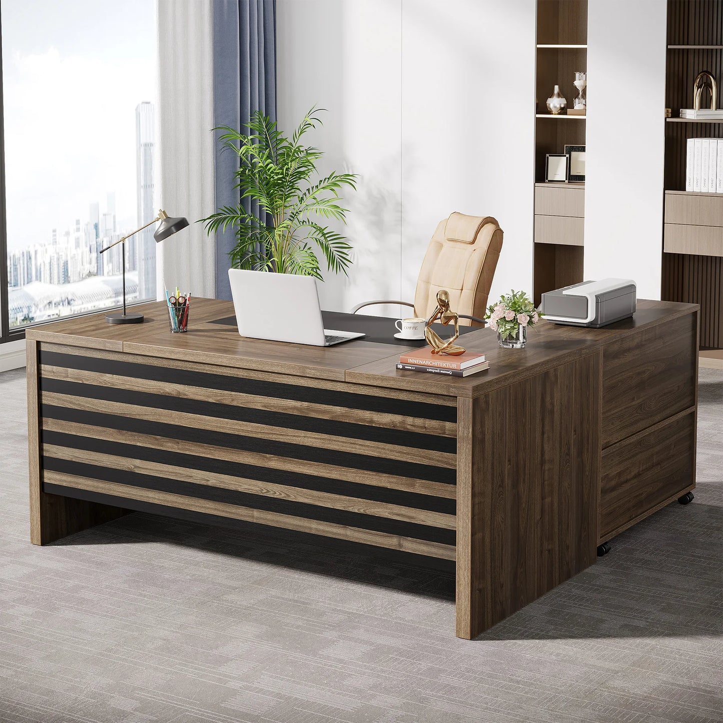 MonoWood 62.2" Executive Desk with Mobile File Cabinet, L-Shaped Office Desk with Storage Shelves, Large Computer Desk