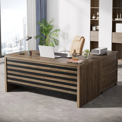 MonoWood 62.2" Executive Desk with Mobile File Cabinet, L-Shaped Office Desk with Storage Shelves, Large Computer Desk