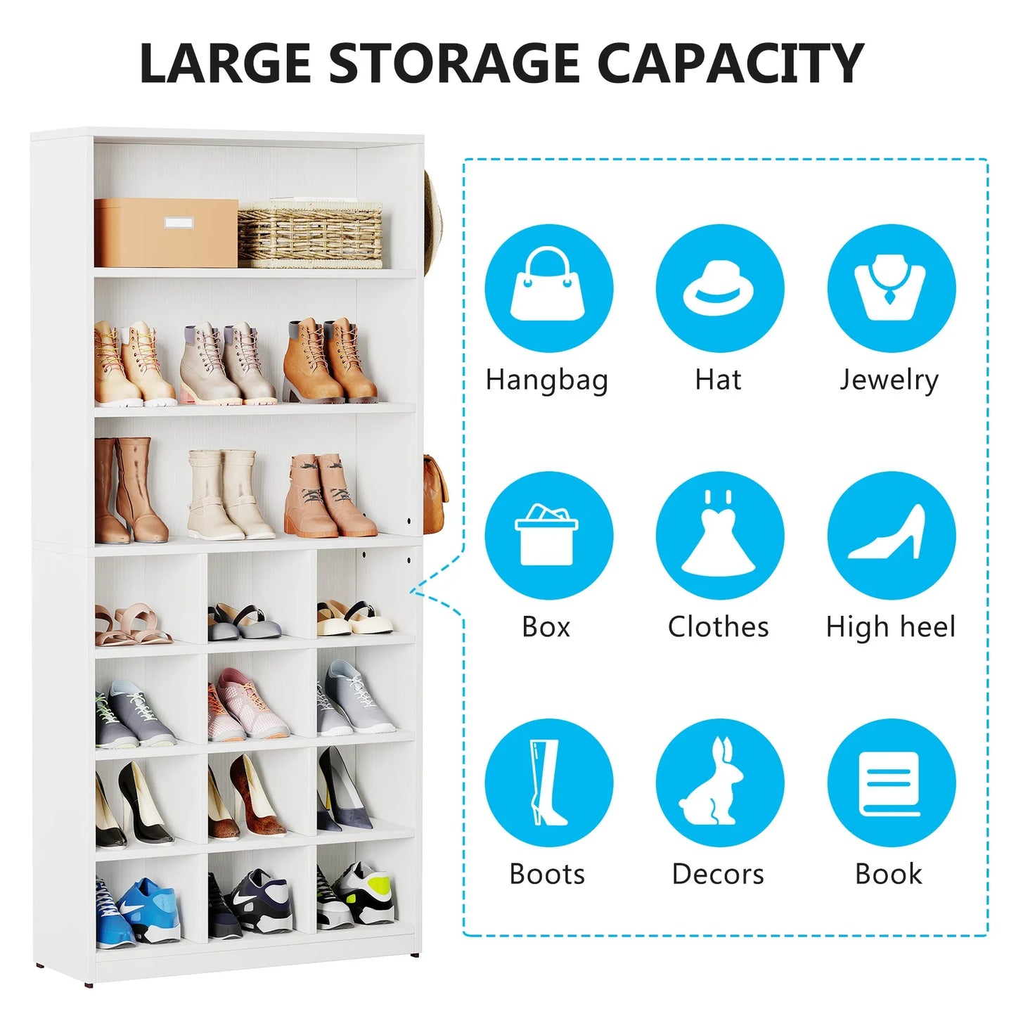 MonoWood Shoe Cabinet, 24 Pair Freestanding Shoe Rack Storage Organizer with Side Hooks, Shoe Storage Cabinet with Shelves