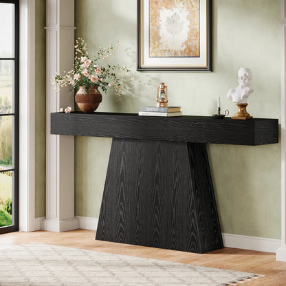 MonoWood 63" Black Console Table, Farmhouse Entryway Table with Trapezoidal Base, Narrow Long Wood Sofa Table