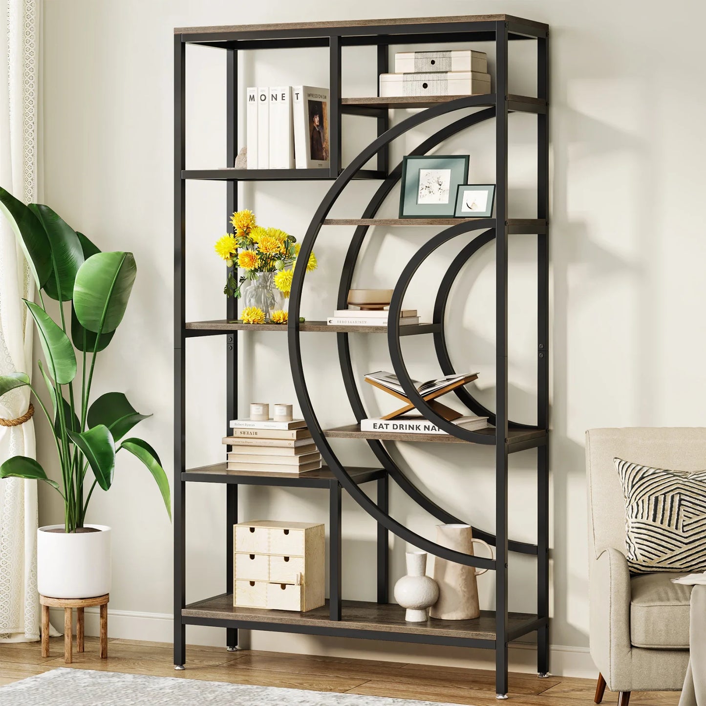 MonoWood 71 inches Geometric Bookcase, 8-Tiers Bookshelves, Rustic Bookcase with Metal Frame, Freestanding Open Shelving