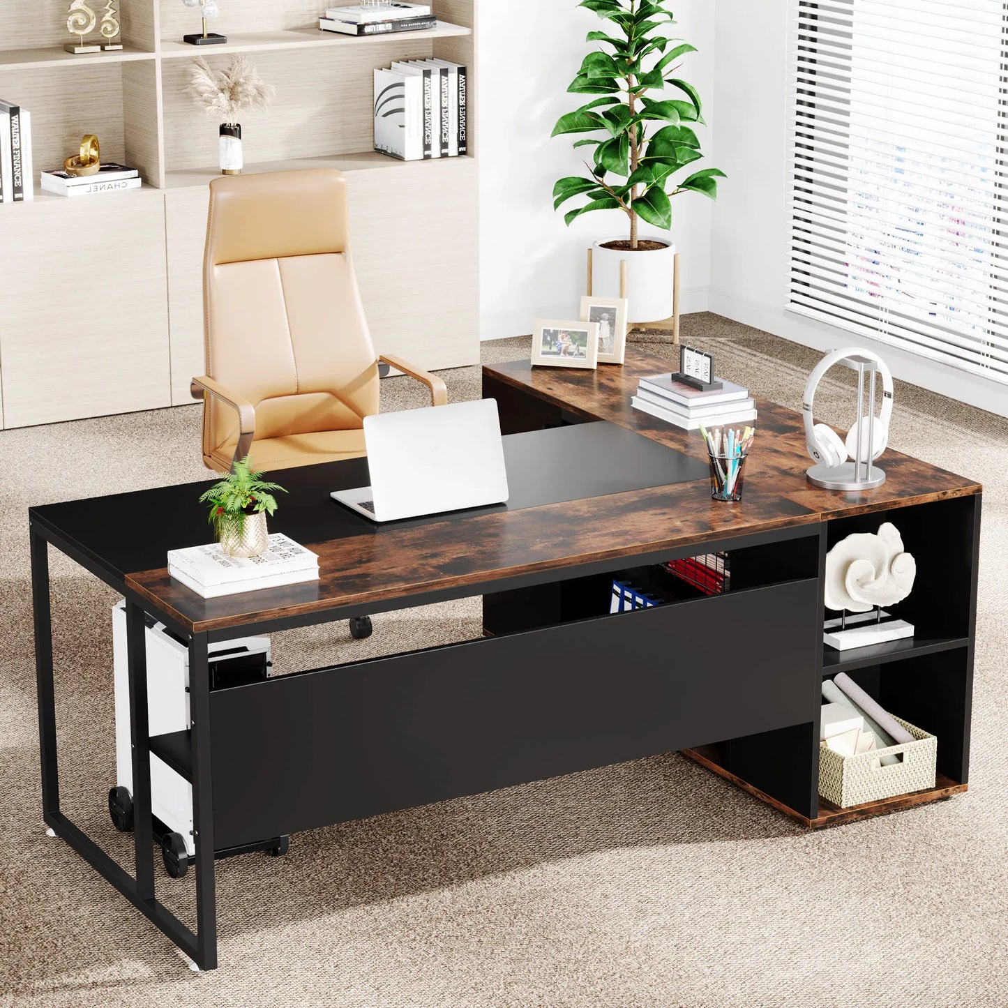 MonoWood 71 inch Executive Desk, L Shaped Desk with Cabinet Storage, Executive Office Desk with Shelves