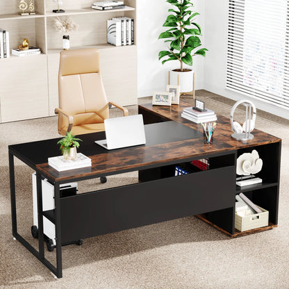 MonoWood 71 inch Executive Desk, L Shaped Desk with Cabinet Storage, Executive Office Desk with Shelves