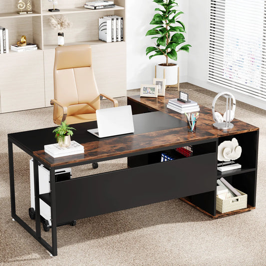 MonoWood 71 inch Executive Desk, L Shaped Desk with Cabinet Storage, Executive Office Desk with Shelves
