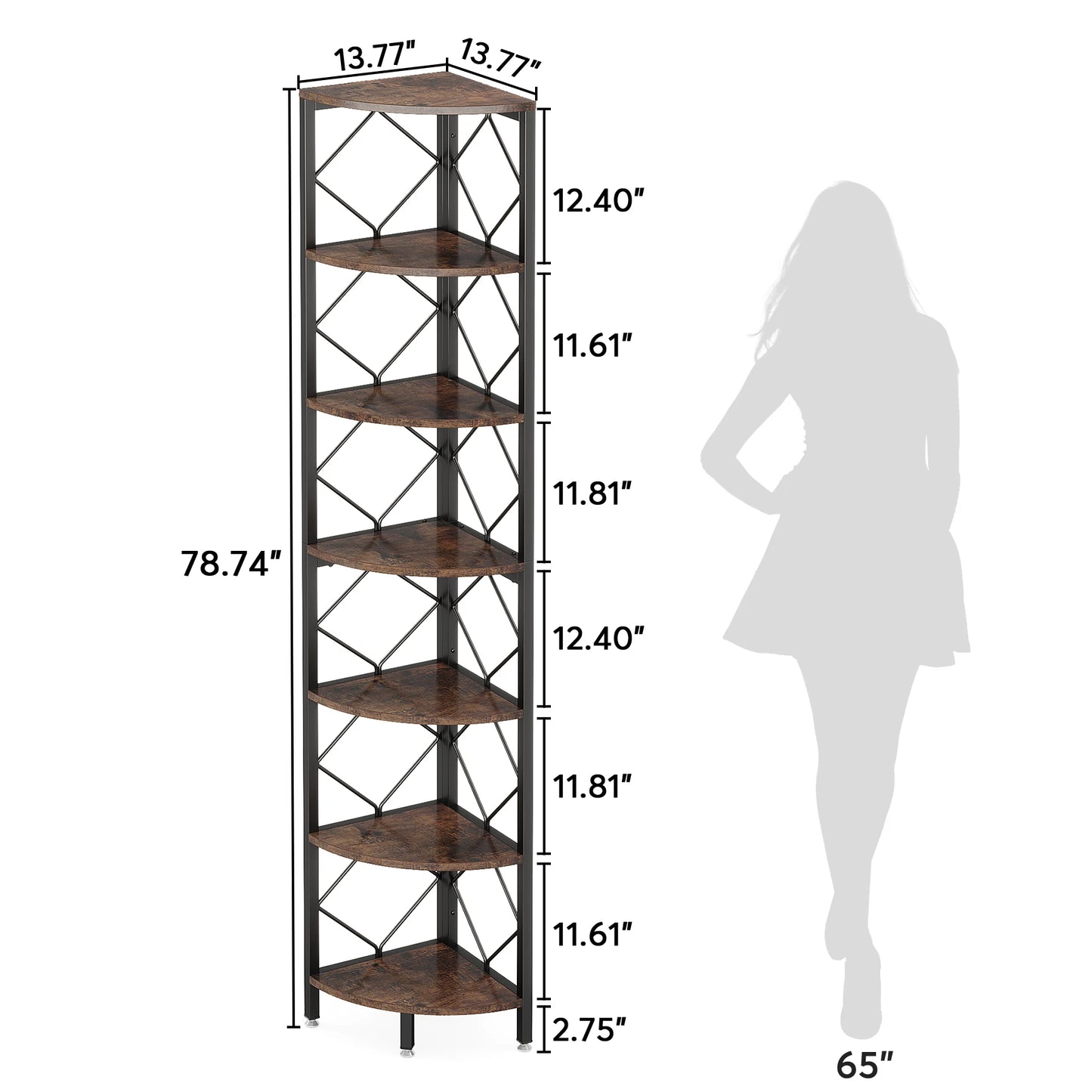 MonoWood 7-Tier Corner Shelf, 78.7” Extra Tall Corner Bookcase, Industrial Slim Corner Bookshelf for Small Narrow Space