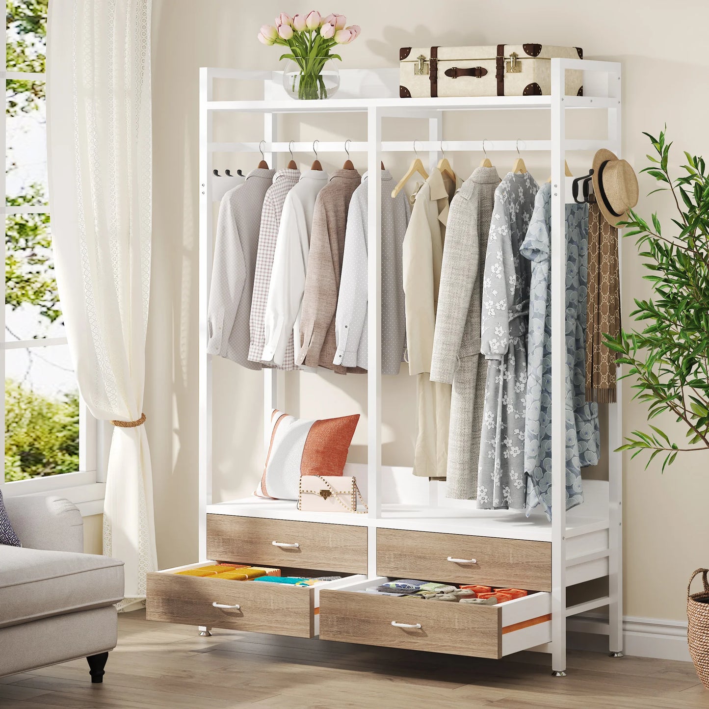 MonoWood Freestanding Closet Organizer for Hanging Clothes, Heavy Duty Garment Rack with Drawers, 8 Hooks and Storage Shelves