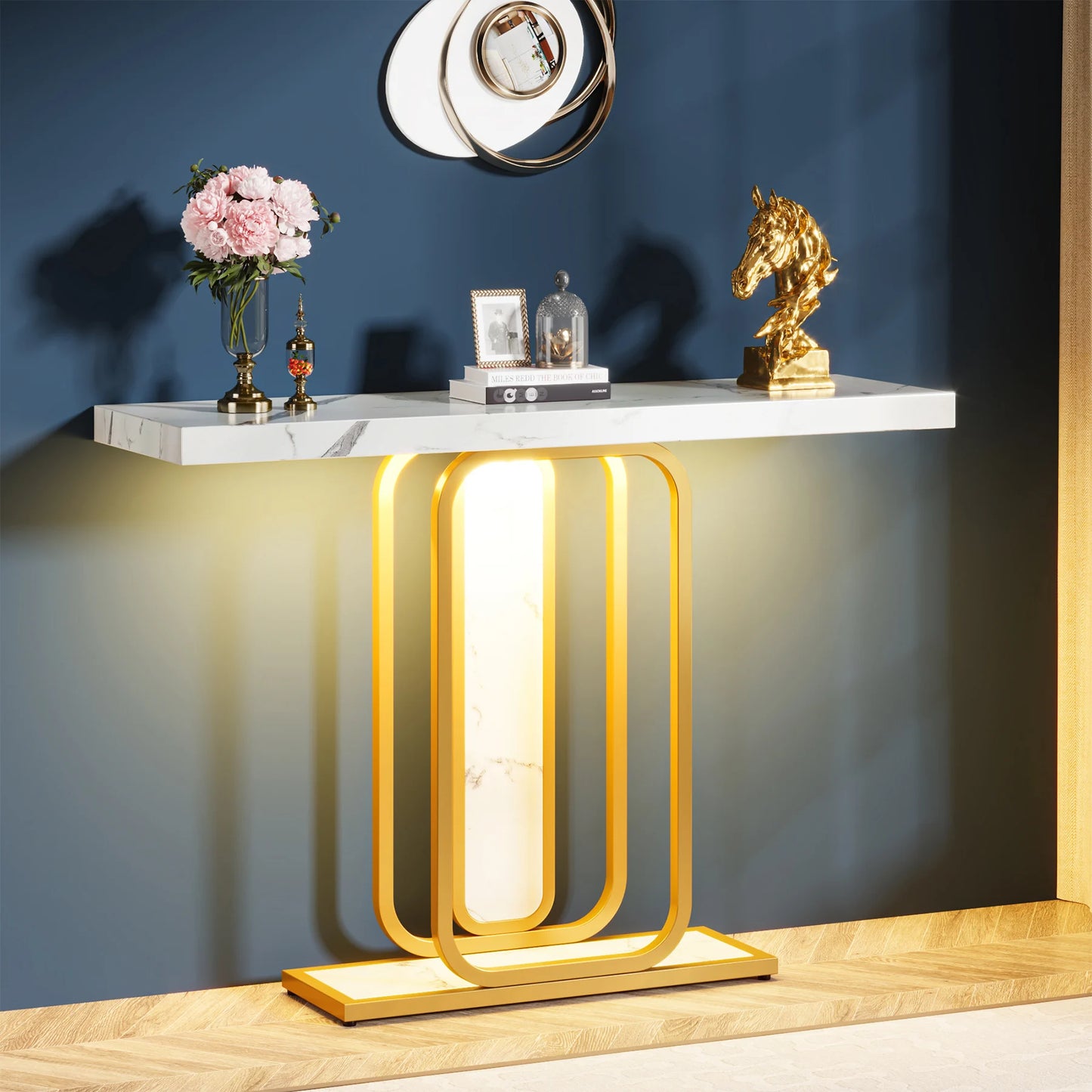 MonoWood Modern Gold White Console Table with LED Lights, Entryway Hallway Foyer Accent Table with Faux Marble Veneer