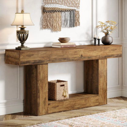 MonoWood 63" Console Table, Farmhouse 2-Tier Entryway Table with U-Shaped Base, Narrow Long Wood Sofa Table Behind Couch Table