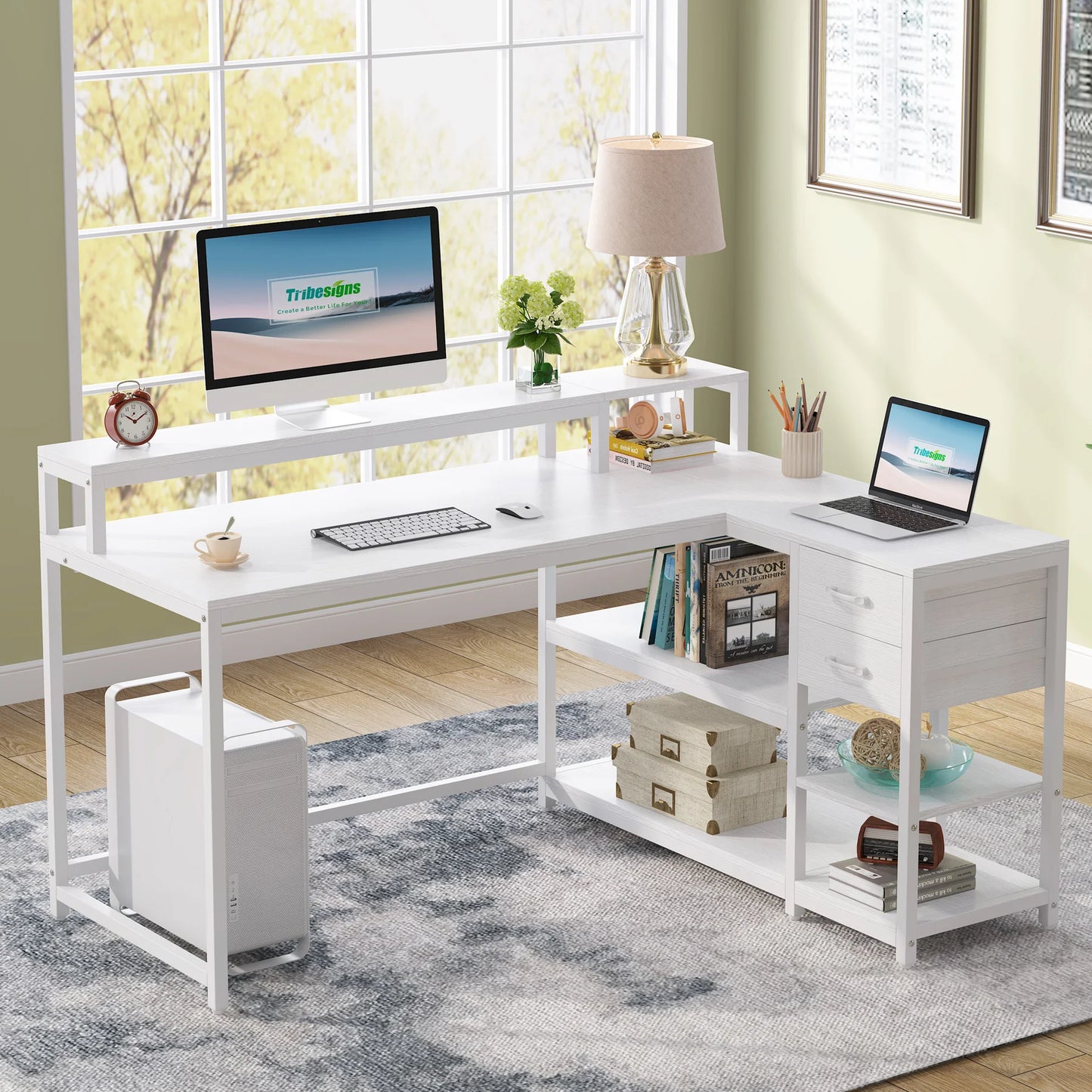 MonoWood Reversible L Shaped Desk with Drawer, Industrial Corner Desk Home Office Table with Shelves and Monitor Stand