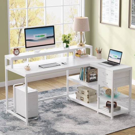 MonoWood Reversible L Shaped Desk with Drawer, Industrial Corner Desk Home Office Table with Shelves and Monitor Stand