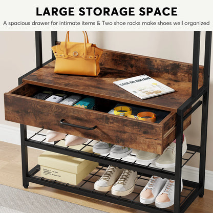 MonoWood 3-in-1 Entryway Hall Tree with Drawer, Vintage Industrial Coat Rack with Shoe Bench and Hutch