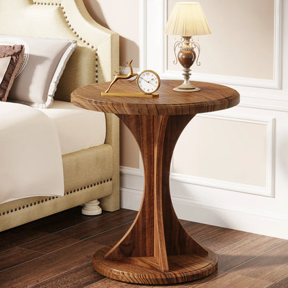 MonoWood Round End Side Table: Wood Small Sofa Chair Side Table for Living Room, Mid-Century Bedside Nightstand for Bedroom