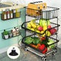Fruit Basket, 3 Tier Stackable Metal Wire Basket Cart with Rolling Wheels, Utility Rack for Kitchen, Pantry, With 2 Free Baskets