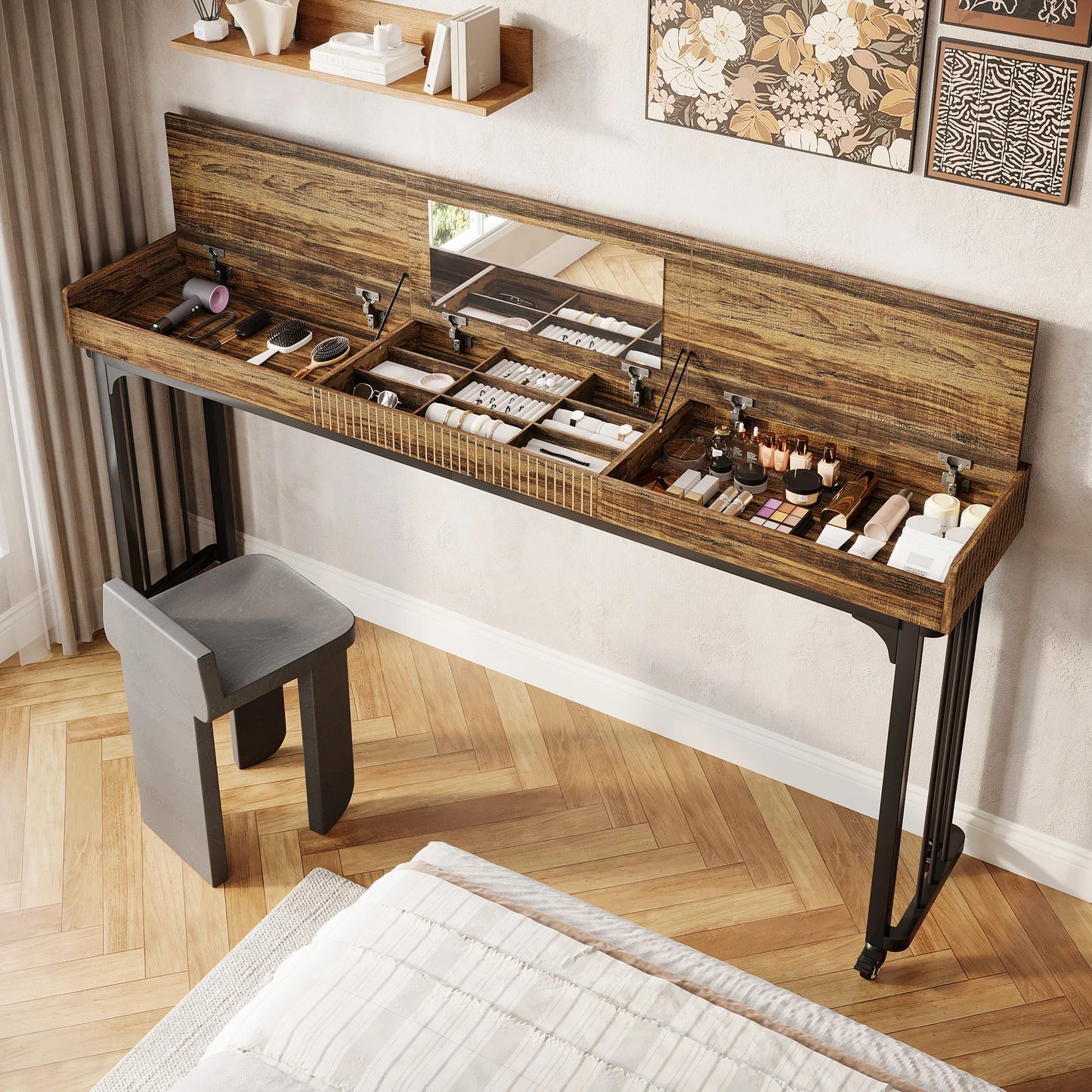 MonoWood 78.8-Inch Large Over Bed Table with Wheels, Mobile Computer Desk Makeup Vanity Desk with Storage