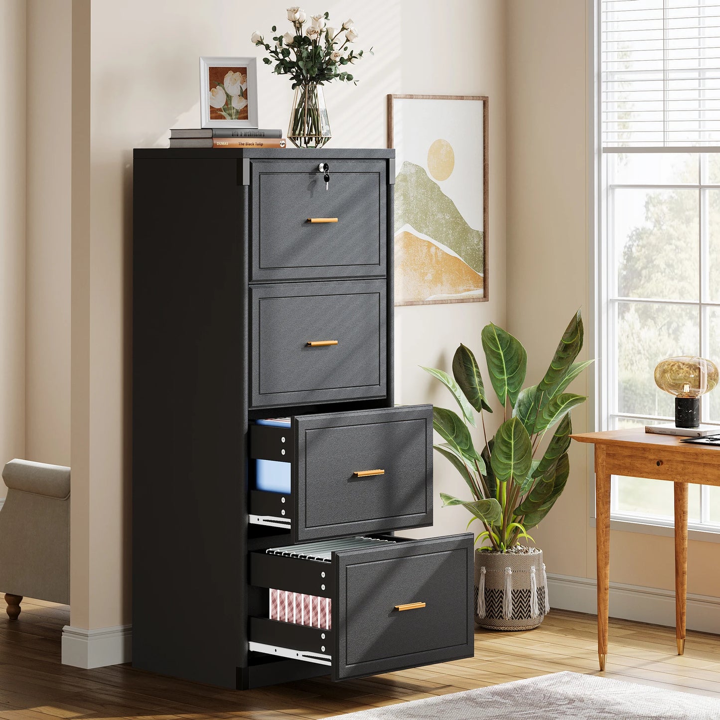 MonoWood 4-Drawer File Cabinet with Lock, Locked File Cabinet with Key, Tall Wooden Filing Cabinets for Home Office
