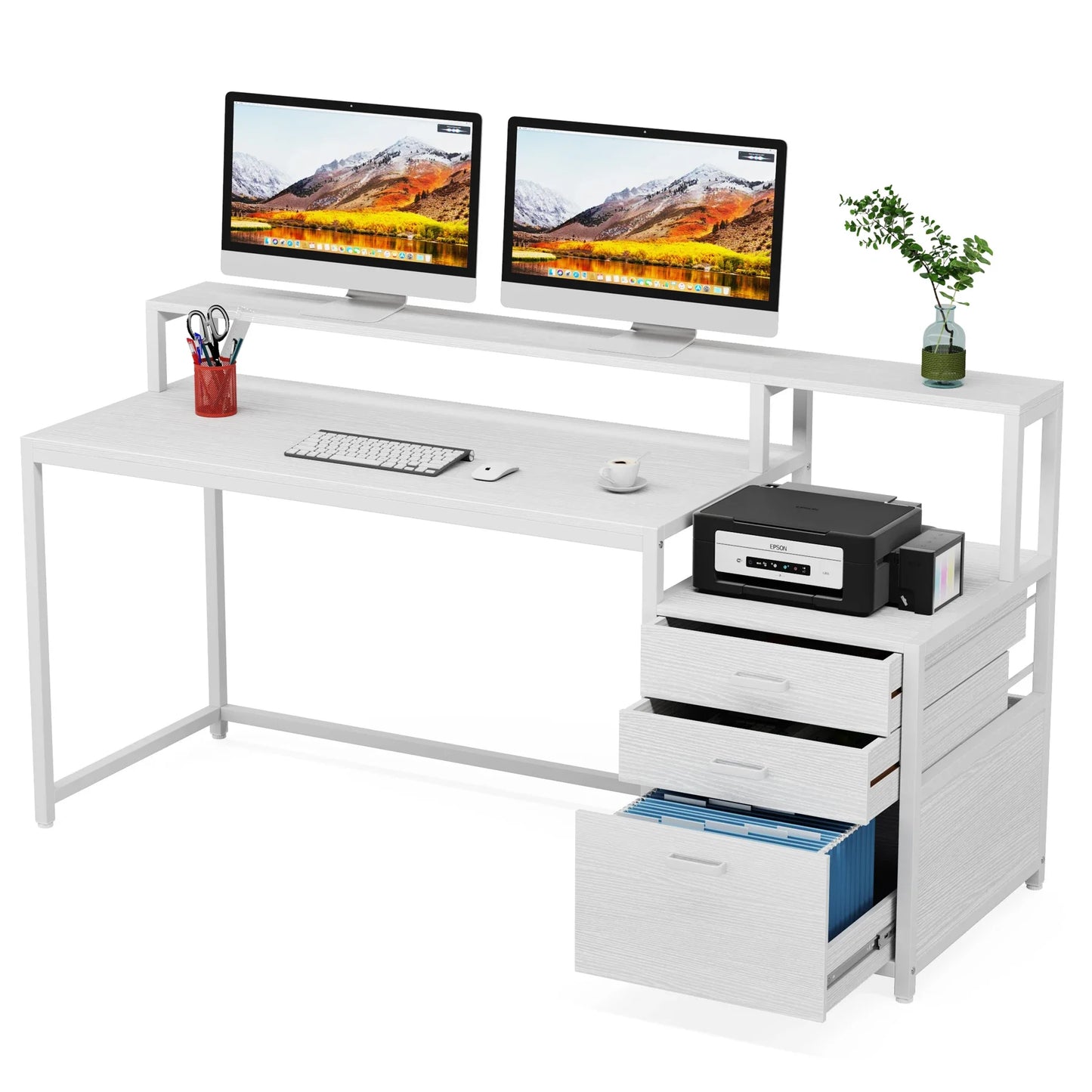 MonoWood 63 Inch Computer Desk with File Drawer Cabinet, Ergonomic Office Desk with Monitor Stand, Industrial Computer Table