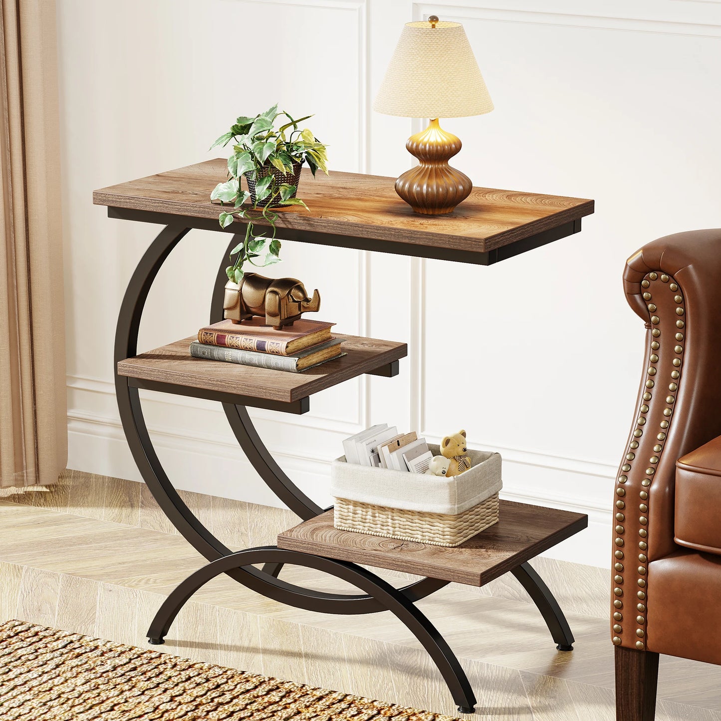 MonoWood C-Shaped End Table, Industrial 3-Tier Small Table for Couch, Wood Bedside Table Snack Table with Storage Shelves
